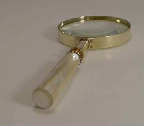 fig 1. Large Antique English Brass and Mother of Pearl Magnifying Glass c.1890
