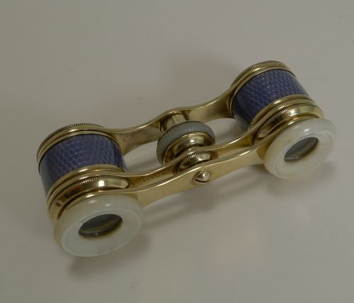 fig 1. A Fine Pair Amethyst Guilloche Enamel and Mother of Pearl Opera Glasses c.1910