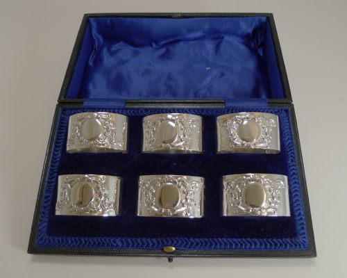 Set Six Antique English Sterling Silver Napkin Rings - 1907