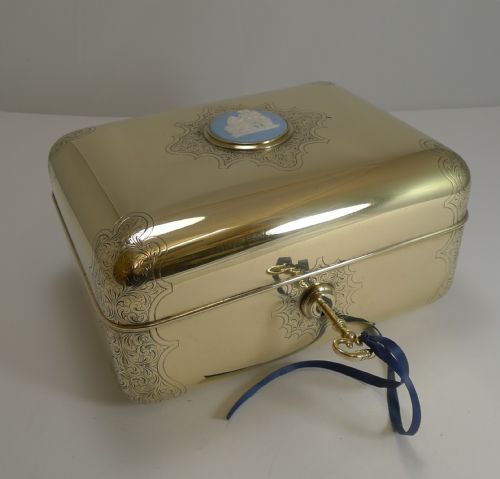 Magnificent Polished Brass Jewellery Box with Wedgwood Plaque C.1860