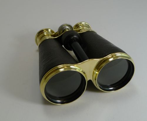 fig 1. Unusual Antique English Brass and Leather Binoculars - Pull Out Mechanism