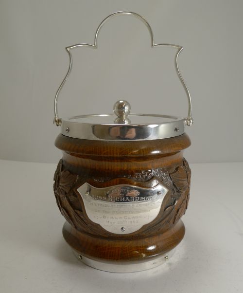 Antique English Carved Oak and Silver Plated Biscuit Box - 1907