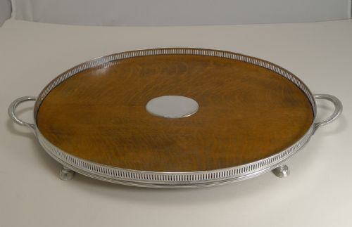 Antique English Oak & Silver Plate Tray by Roberts and Belk C.1890
