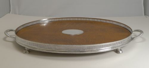 fig 1. Antique English Oak & Silver Plate Tray by Roberts and Belk c.1890
