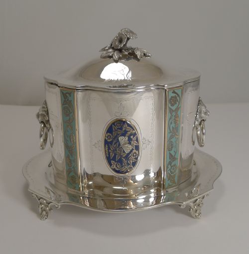 Rare Antique English Silver Plate and Enamel Biscuit Box by Samuel Evans C.1875