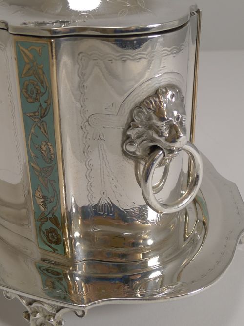 fig 1. Rare Antique English Silver Plate and Enamel Biscuit Box by Samuel Evans c.1875