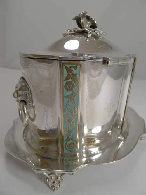 fig 2. Rare Antique English Silver Plate and Enamel Biscuit Box by Samuel Evans c.1875
