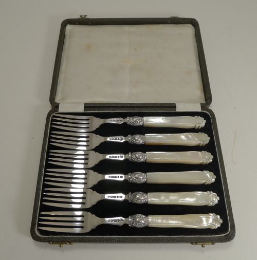 Antique English Sterling Silver & Mother of Pearl Cake or Desert Forks - 1863
