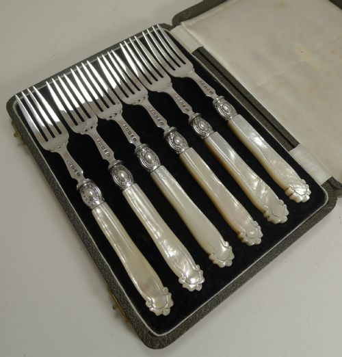 fig 1. Antique English Sterling Silver & Mother of Pearl Cake or Desert Forks - 1863