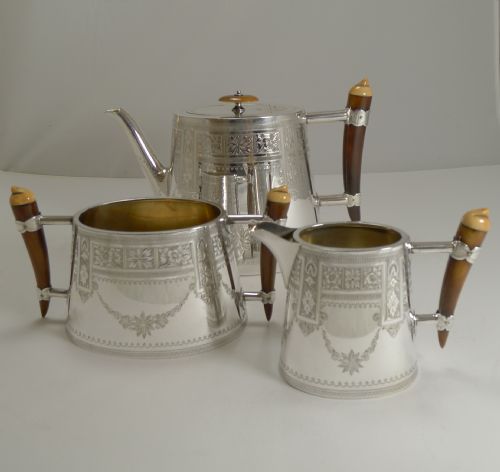Unusual English Silver Plate and Polished Horn Tea Set C.1890