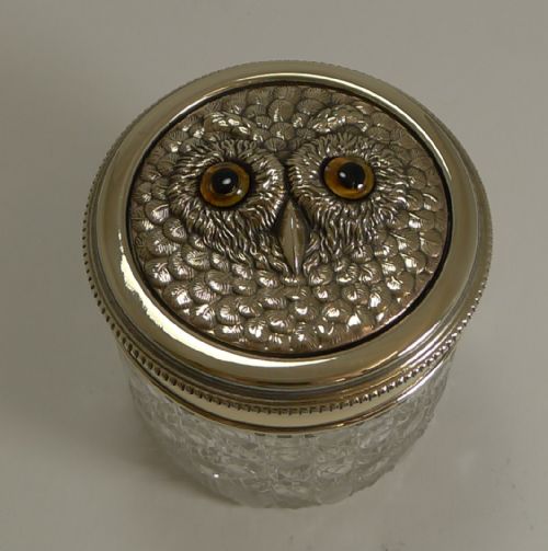 Antique Glass and Brass Jar - Owl with Glass Eyes