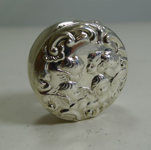 Antique English Sterling Silver Pill Box - Cherubs / Angels