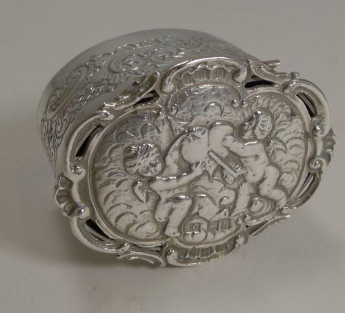 Romantic Antique English Sterling Silver Box - Cherubs and Heart