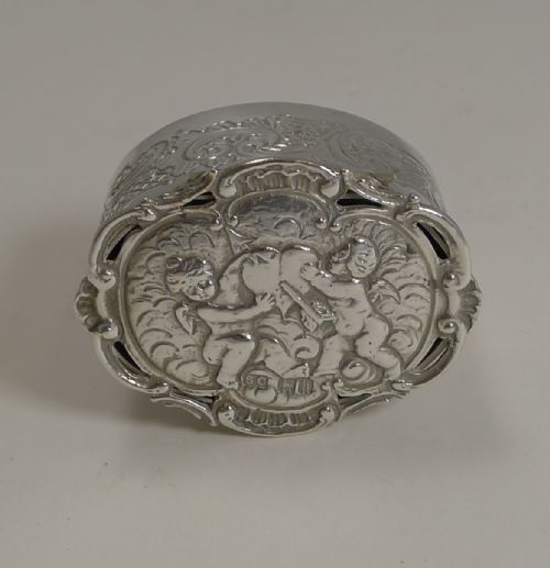 fig 1. Romantic Antique English Sterling Silver Box - Cherubs and Heart