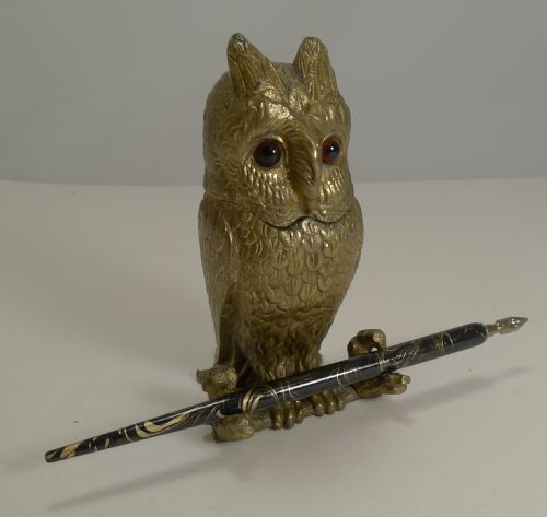 Antique Novelty Inkwell - Gilded Bronze Owl with Glass Eyes