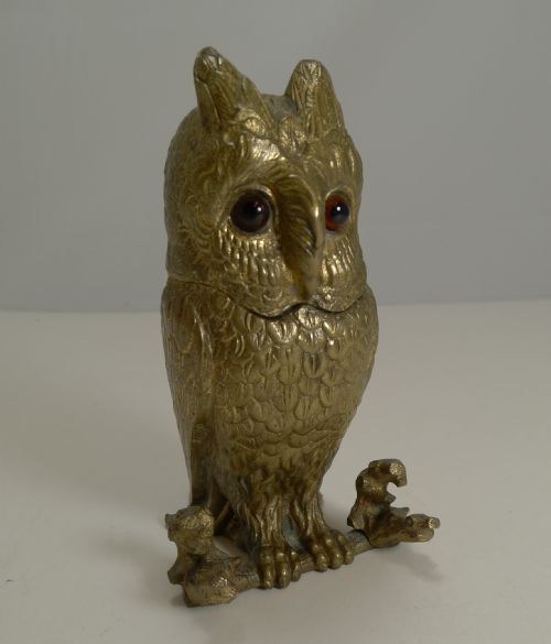 fig 1. Antique Novelty Inkwell - Gilded Bronze Owl With Glass Eyes