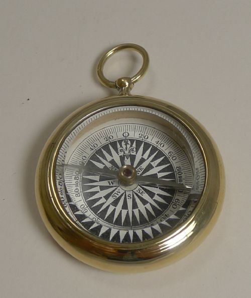 Antique English Brass Cased Open Faced Compass C.1880
