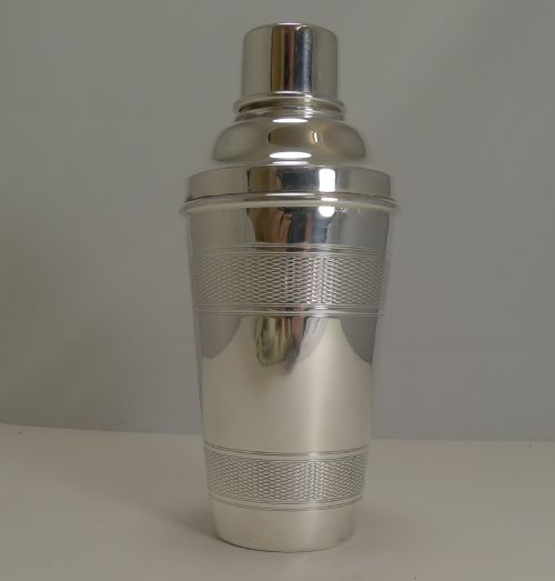 Vintage English Silver Plated Cocktail Shaker - Engine Turned Decoration C.1930