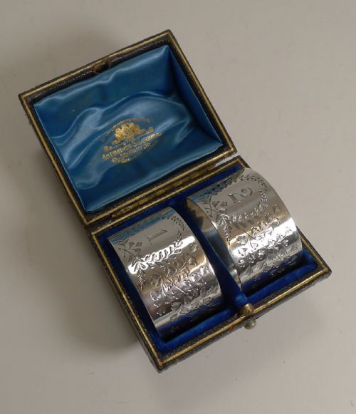 Fine Cased Pair Antique English Sterling Silver Napkin Rings - Ferns