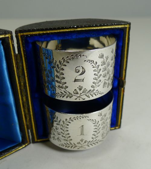 fig 1. Fine Cased Pair Antique English Sterling Silver Napkin Rings - Ferns