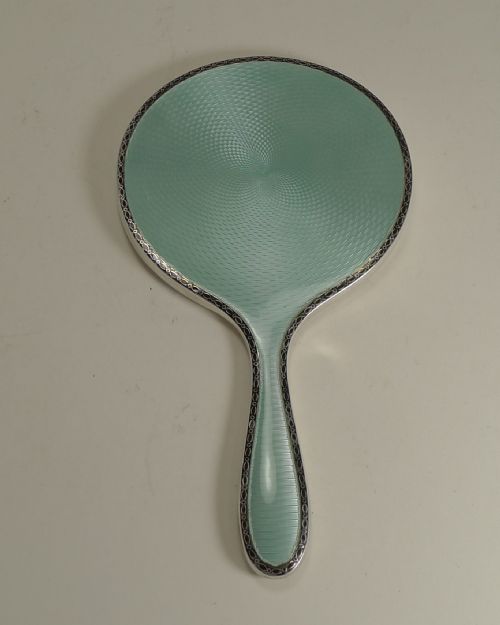 Fine Quality English Sterling Silver and Guilloche Enamel Hand Mirror