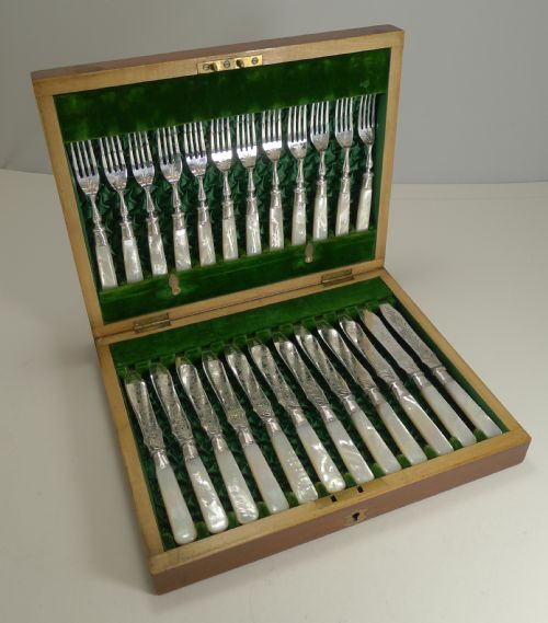 Set Antique Mother of Pearl Handled Fruit Knives and Forks - Sterling Ferrules - 1897