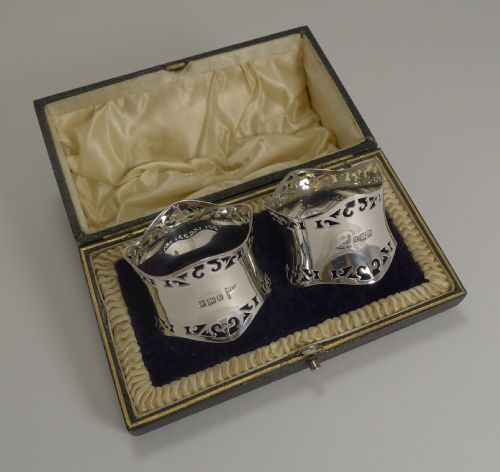 Smart Pair Antique English Sterling Silver Napkin Rings by Walker and Hall