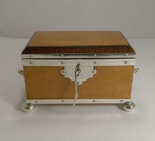 Rare Silver Plated Mounted Birdseye Maple and Palm Wood Tea Caddy C.1890