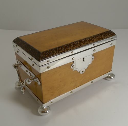 fig 1. Rare Silver Plated Mounted Birdseye Maple and Palm Wood Tea Caddy c.1890