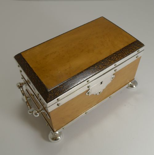 fig 2. Rare Silver Plated Mounted Birdseye Maple and Palm Wood Tea Caddy c.1890