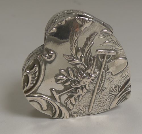 Antique Dutch Silver Heart Shaped Pill Box - Gardening C.1900
