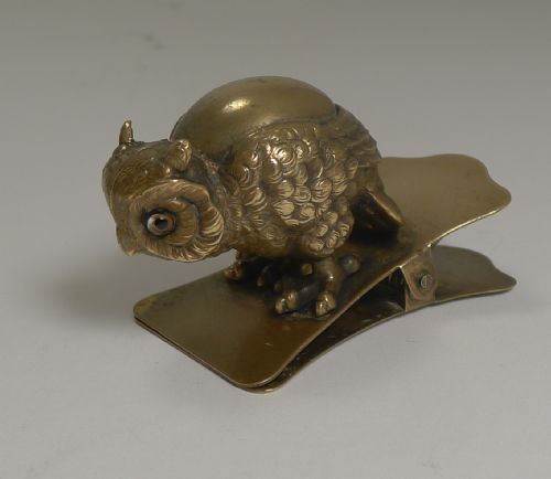 Charming Antique Novelty Brass Paper / Letter Clip - Owl with Glass Eyes