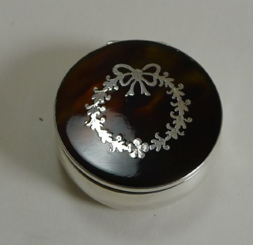 Antique English Sterling Silver and Tortoiseshell Pill Box - 1901