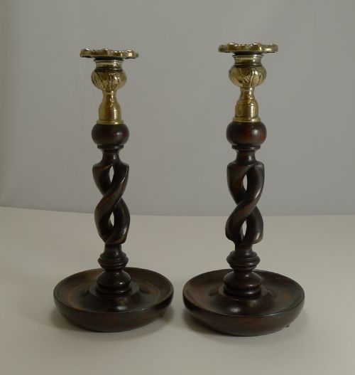 Pair Antique English 10" Oak Open Barley Twist Candlesticks - Brass Thistle Tops