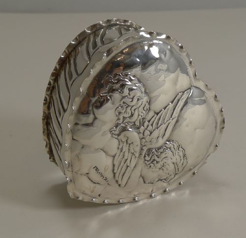 Large Antique English Sterling Silver Heart Box - Cherubs / Angels - 1898