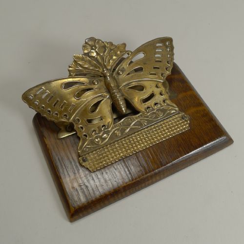 Antique English Brass and Oak Butterfly Letter Clip - 1889