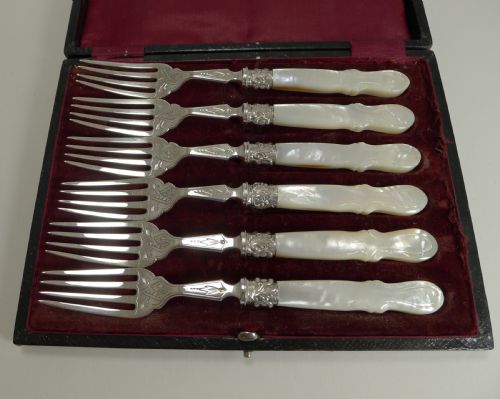 fig 1. Antique English Sterling Silver & Mother of Pearl Cake or Desert Forks - 1873