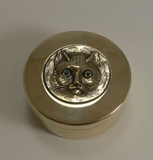 Antique Brass Box - Cat with Glass Eyes C.1890