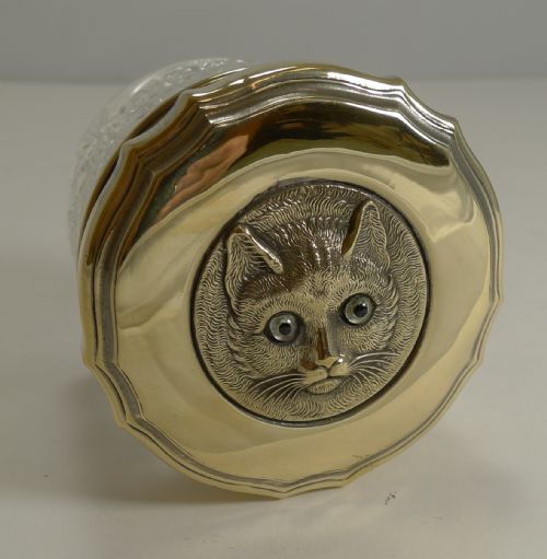 Antique English Glass Jar - Cast Brass Cat with Glass Eyes - 1911