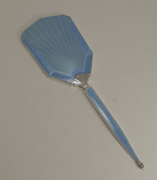 Art Deco English Sterling Silver and Guilloche Enamel Hand Mirror - 1935