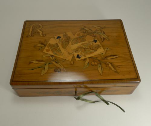 Fabulous Marquetry Inlaid Olive Wood Games / Playing Cards Box - French C.1880