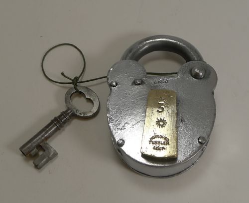 Large Antique English Polished Steel and Brass Padlock with Original Key C.1860