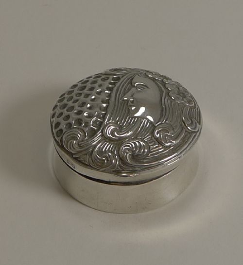 English Art Nouveau Sterling Silver Pill Box - Figural - 1903
