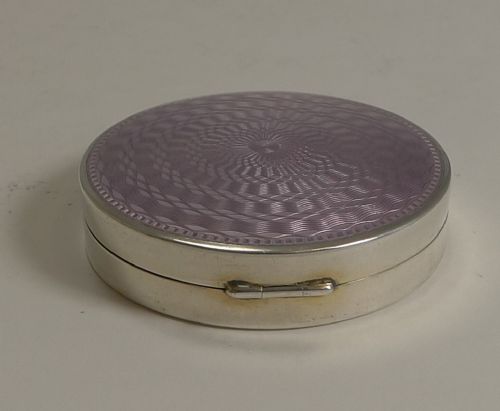 fig 1. English Sterling Silver and Lilac Guilloche Enamel Pill Box - 1929