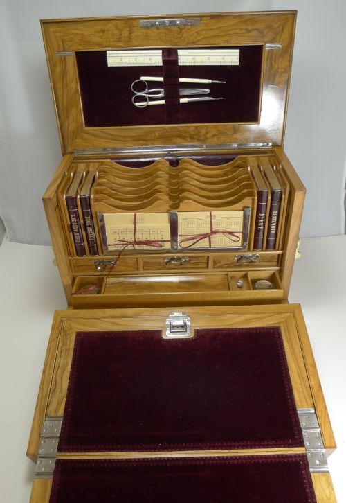 GRAND ANTIQUE ENGLISH OLIVEWOOD WRITING BOX CABINET C1890 - ADDITIONAL PHOTO 5