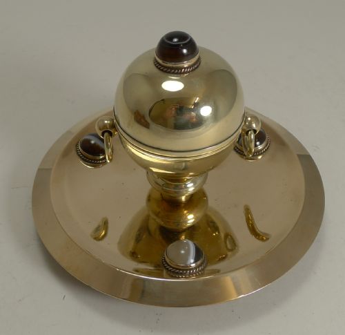 Smart Antique English Polished Brass and Bronze Inkwell - Agate Mounts C.1880