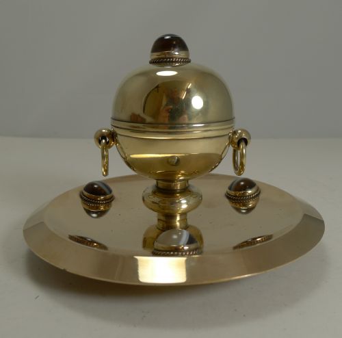 fig 1. Smart Antique English Polished Brass and Bronze Inkwell - Agate Mounts c.1880
