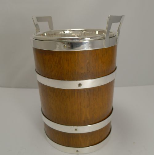 Unusual Antique English Oak and Silver Plate Wine Cooler C.1900