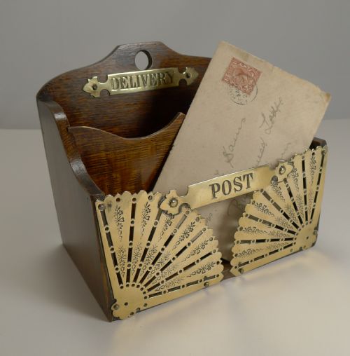 Antique English Oak and Brass Letter Box - Post & Delivery C.1890