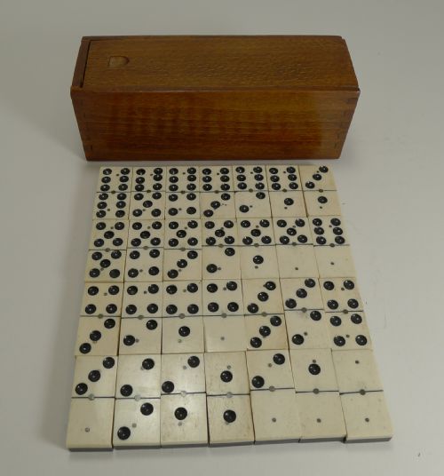 Boxed Set Antique English Bone and Ebony Dominoes C.1910